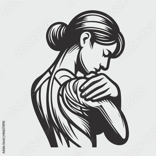 Vector illustration with suffering from pain in the neck. Sore neck, shoulder. Pain in back. Headache. Sketch.