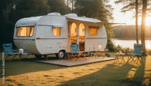 modern caravan parked at the cottage, lighted and with camping chair awning and furniture,
