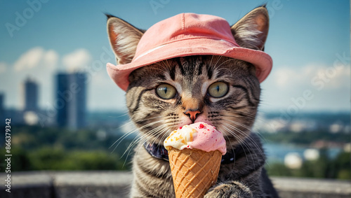 A playful tabby cat enjoys an ice cream cone while wearing a pink hat, capturing a fun and whimsical moment.