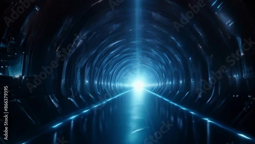 Back moving along dark tunnel illuminated blue neon color black background full hd 4k video download photo