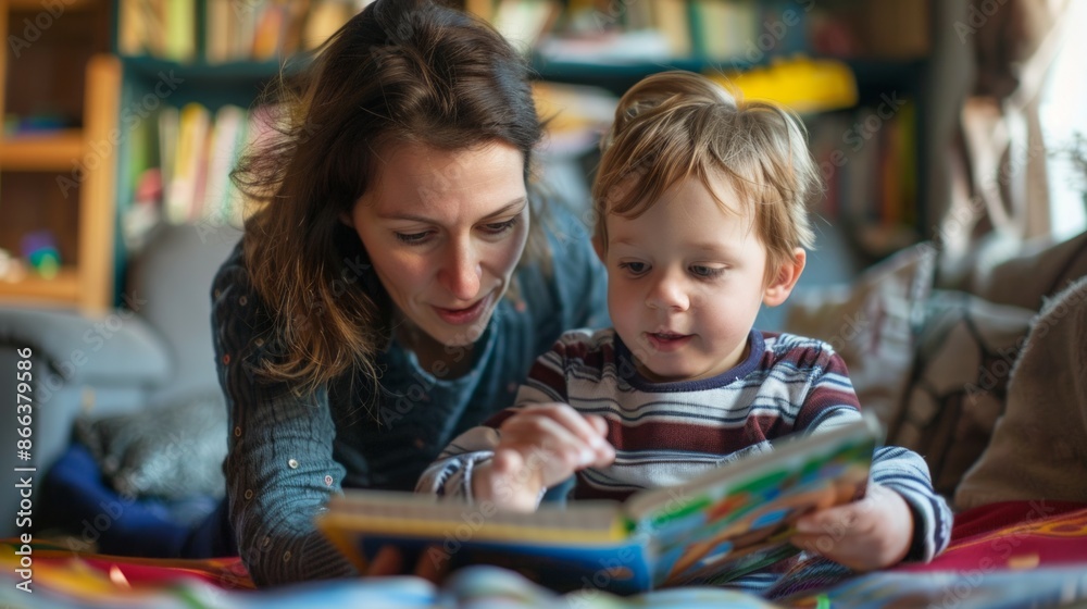woman helping her son with a book woman helping her son with a book