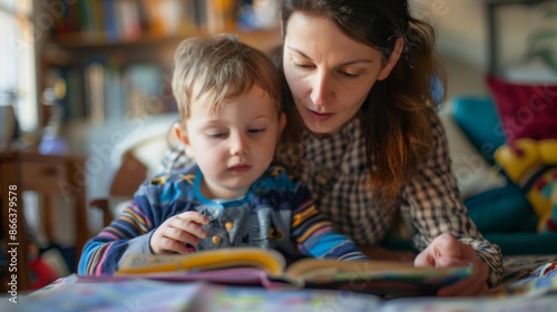 woman helping her son with a book