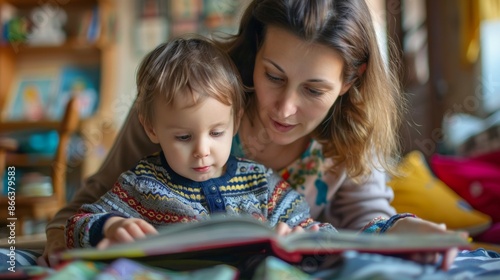 woman helping her son with a book
