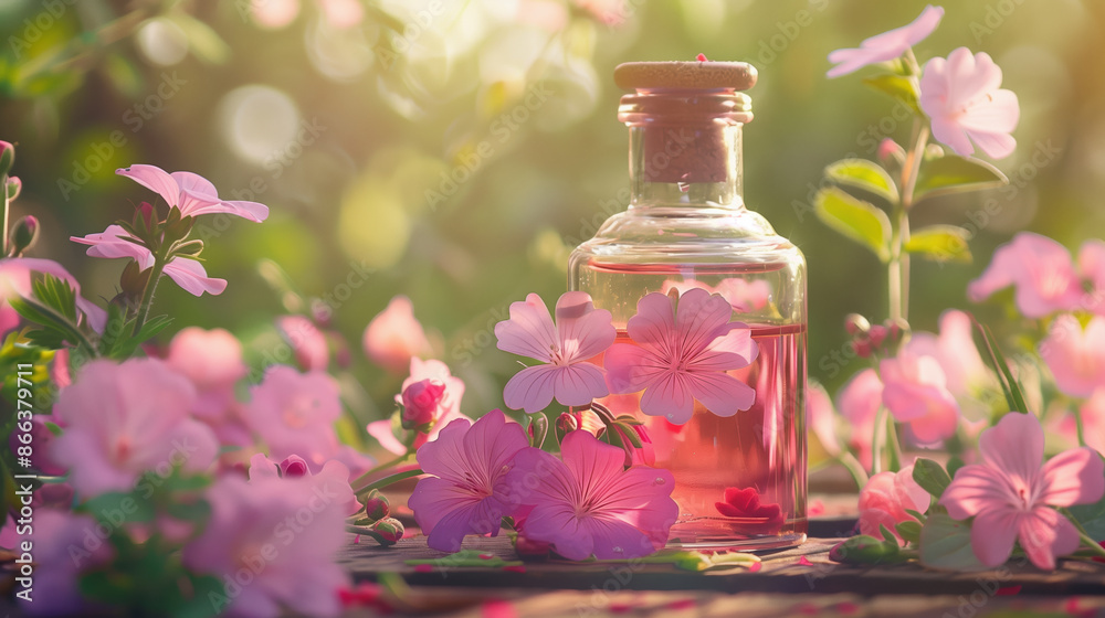 Botanical Geranium Extract in Beautiful Floral Design with Garden View Botanical Geranium Extract in Beautiful Floral Design with Garden View