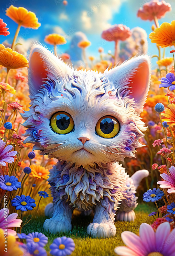 Gatito Encantador en Campo de Flores Vibrantes Gatito Encantador en Campo de Flores Vibrantes