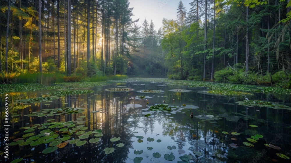 Obraz premium Sunlight Streaming Through a Forest, Illuminating a Pond