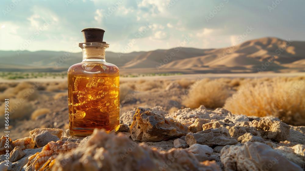 Myrrh Extract in a historic bottle, myrrh resin, desert landscape --ar 16:9 Job ID: 5b794d96-4af7-4f08-bec3-86c2ff40d88e Myrrh Extract in a historic bottle, myrrh resin, desert landscape --ar 16:9 Job ID: 5b794d96-4af7-4f08-bec3-86c2ff40d88e