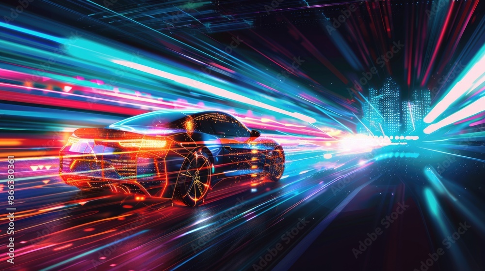 Motion capture car headlights, lighting speed effect and computing code, acceleration on tech road, electronic highway, conceptual illustration