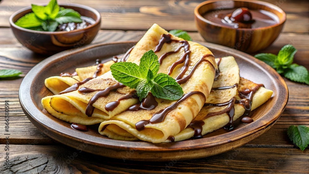 French crepes with chocolate sauce and banana in ceramic dish on wooden kitchen table French crepes with chocolate sauce and banana in ceramic dish on wooden kitchen table
