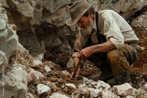 Bearded old prospector examines potential gold finds while panning in a rugged landscape