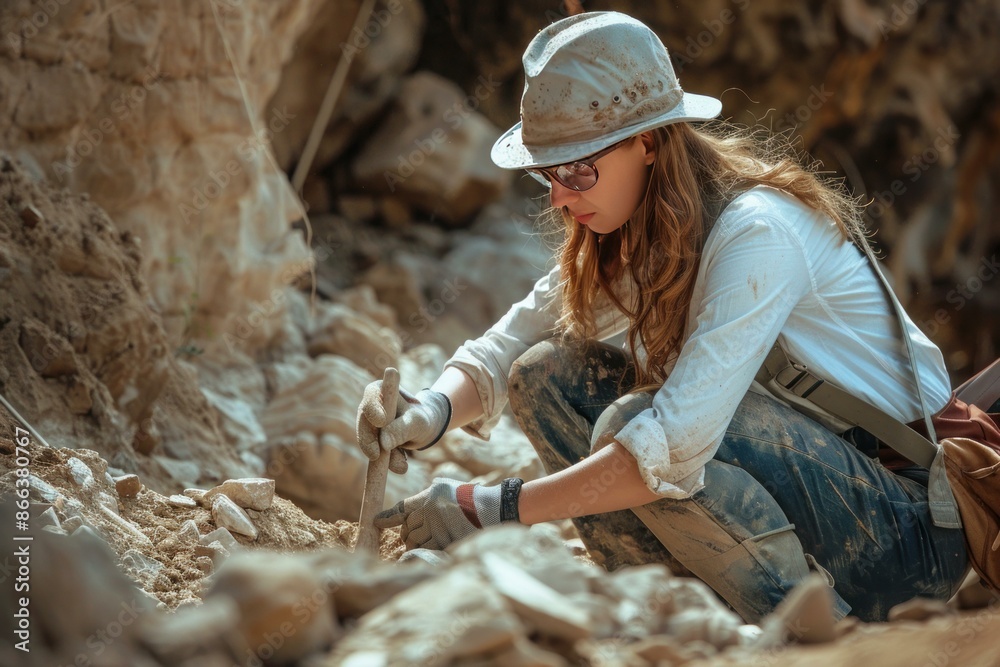 Obraz premium Focused woman in hat conducting archaeological dig with tools in sandy terrain