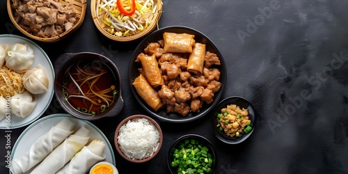 Bird's Eye View of Filipino Cuisine Adobo, Lumpia, and Halo-halo Ingredients. Concept Filipino Cuisine, Adobo Recipe, Lumpia Ingredients, Halo-halo Recipe, Bird's Eye View photo