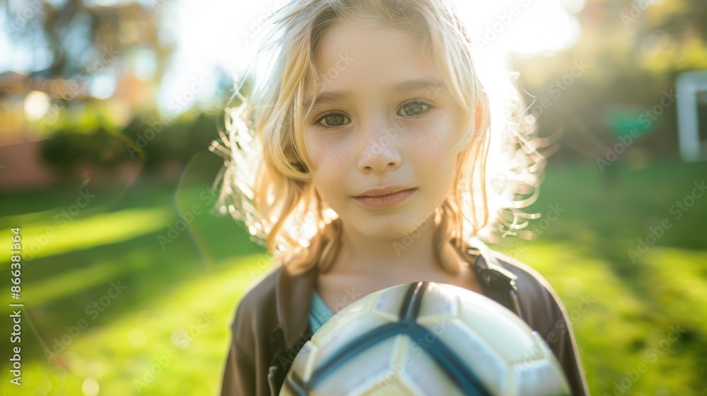 Fair-haired preteen girl standing in the sun on a lush lawn, carrying a soccer ball, and wearing a casual attire Fair-haired preteen girl standing in the sun on a lush lawn, carrying a soccer ball, and wearing a casual attire