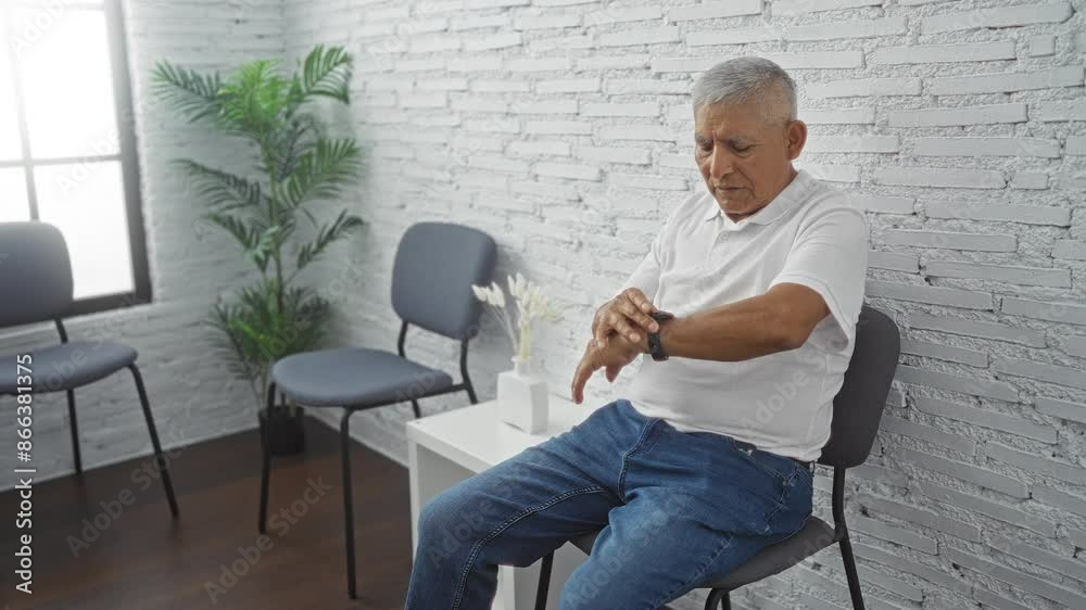 Mature hispanic man in a white shirt and jeans sitting indoors in a waiting room with white brick walls and green plants, checking the time on his watch and crossing his arms. Mature hispanic man in a white shirt and jeans sitting indoors in a waiting room with white brick walls and green plants, checking the time on his watch and crossing his arms.