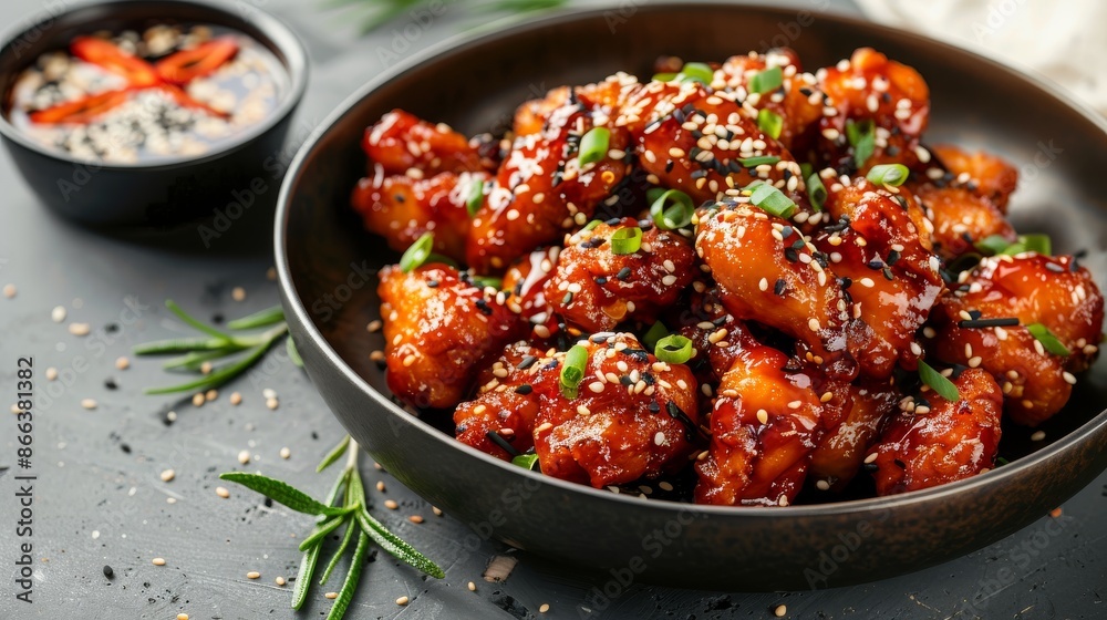 Close up of delicious crispy honey garlic chicken wings with sesame seeds and spring onions. Chinese food, appetizer, snack Close up of delicious crispy honey garlic chicken wings with sesame seeds and spring onions. Chinese food, appetizer, snack