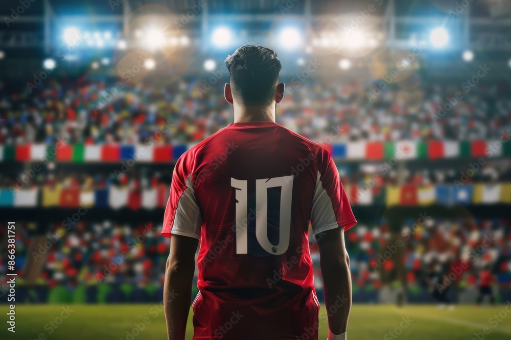 Entering the packed stadium before a match, a male professional soccer player is seen wearing a jersey from national team with the number ten on the back. Entering the packed stadium before a match, a male professional soccer player is seen wearing a jersey from national team with the number ten on the back.