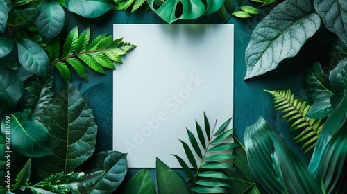 Blank white paper card mockup surrounded by tropical green leaves and foliage on a dark green background. Perfect for creating invitation, announcement, or greeting card template.
