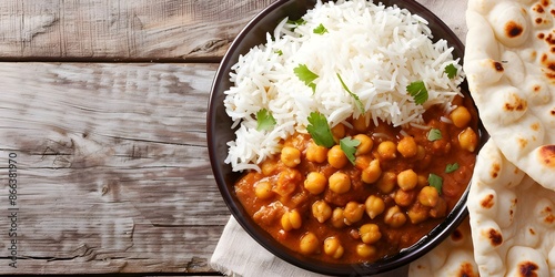 Savory chickpea curry paired with soft naan bread and fragrant rice. Concept Indian Cuisine, Chickpea Dishes, Vegetarian Recipes, Food Pairing, Savory Flavors photo