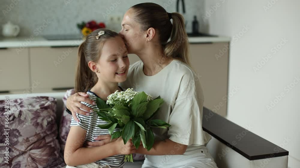 Child daughter is congratulating mom and giving her flowers. Mum and girl smiling and hugging, mother kisses a daughter