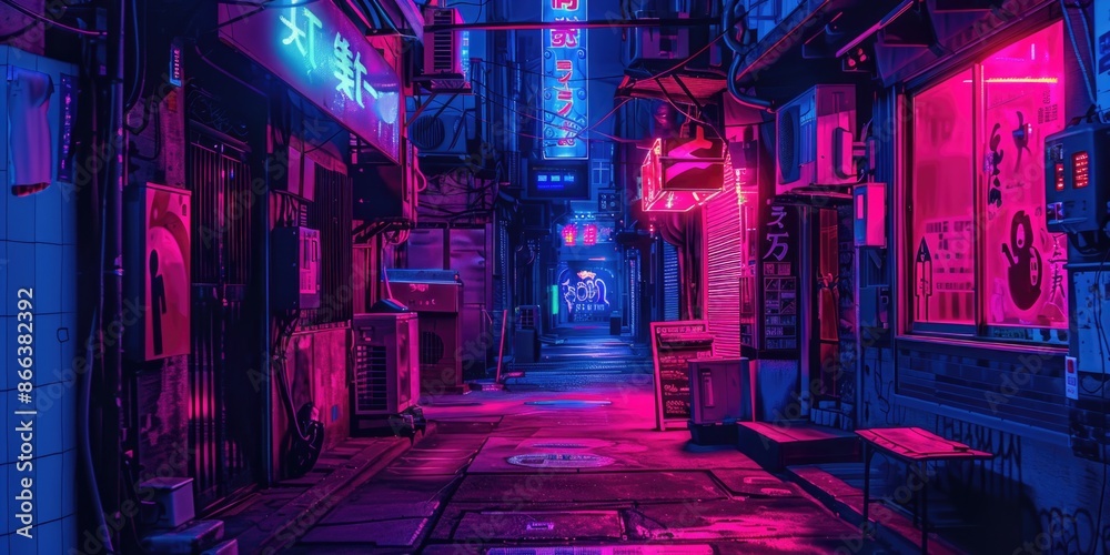 Nighttime view of a cyberpunk street with a neon and ultraviolet light backdrop Nighttime view of a cyberpunk street with a neon and ultraviolet light backdrop