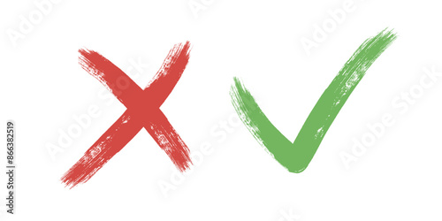 Tick and Cross sign elements. vector buttons for vote, election choice, check marks, approval signs design. Red X and green OK symbol icons check boxes. Check list marks, choice options, survey signs.