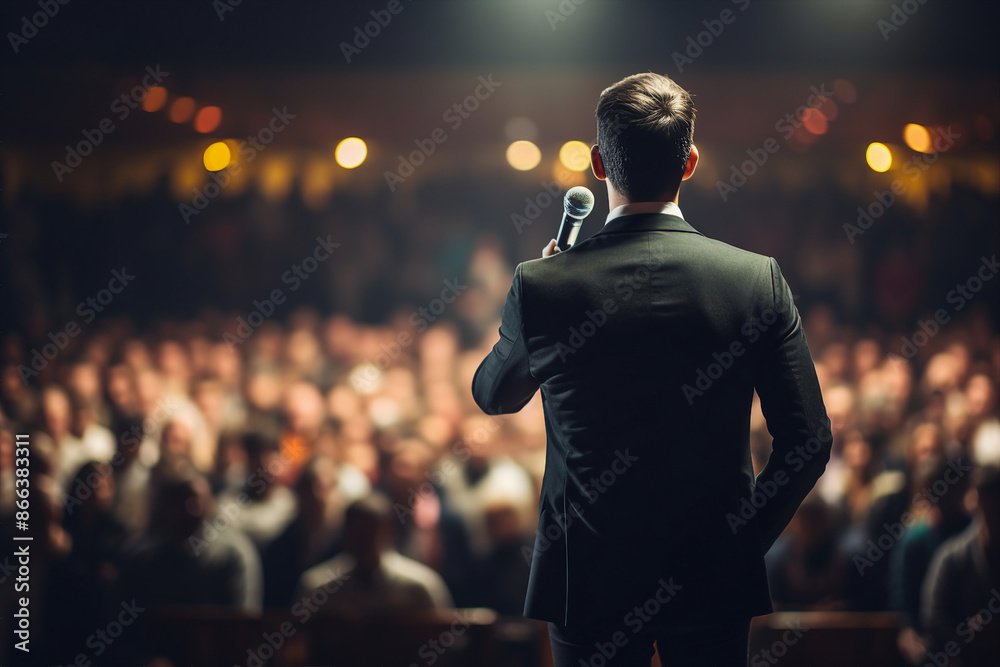 Generative AI illustration motivational speaker with microphone in hand in front of audience at conference room Generative AI illustration motivational speaker with microphone in hand in front of audience at conference room