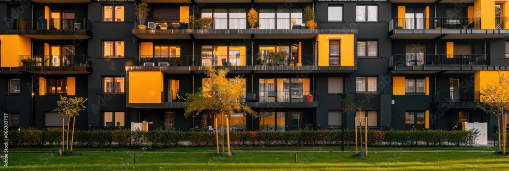 Modern Apartment Building with Yellow Accents Modern Apartment Building with Yellow Accents