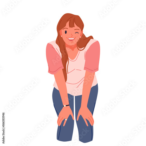 Young woman with positive mood winking and laughing. Cute front portrait of happy brunette lady with long hair standing in funny pose with smile expression on face cartoon vector illustration