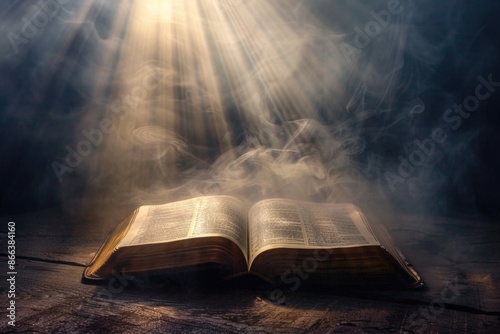 Open bible on a dark background with rays of light coming out from the pages