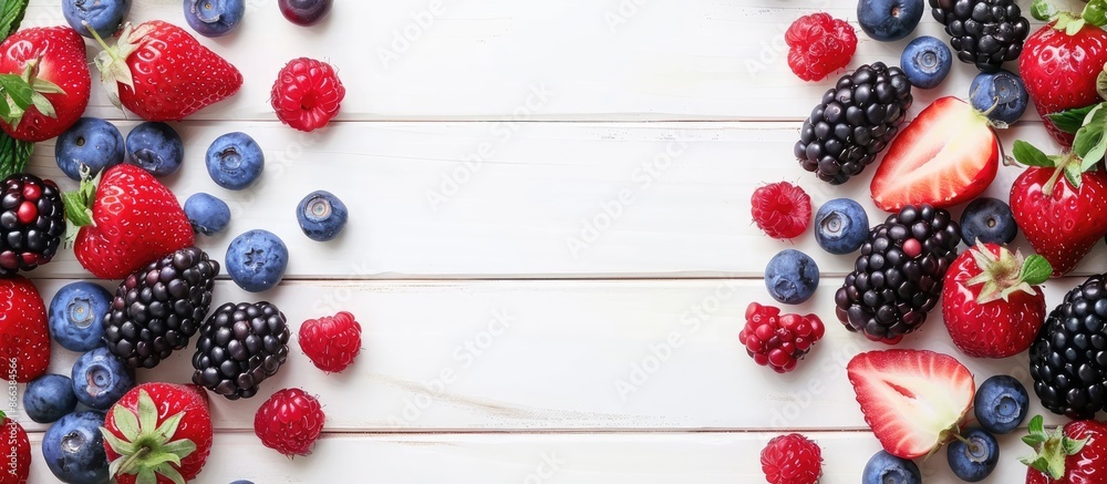 Fresh summer berries arranged in corner frames on a white wooden background, captured from a top-down perspective, perfect for website banners Fresh summer berries arranged in corner frames on a white wooden background, captured from a top-down perspective, perfect for website banners