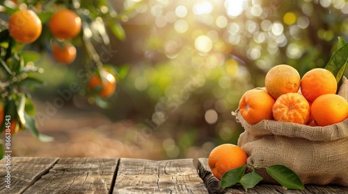  Orange fruits harvest in jute sack back on wooden table with blurry crop farm background, Orange plant for product consume