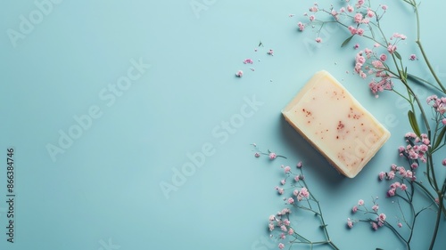 Bar of soap next to light pink flowers on blue background photo