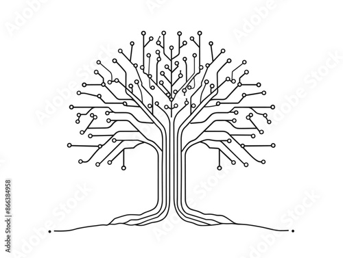 Technology Interwoven with Nature: Single-Line Tree with Circuit Branches Crossing into Digital Realm