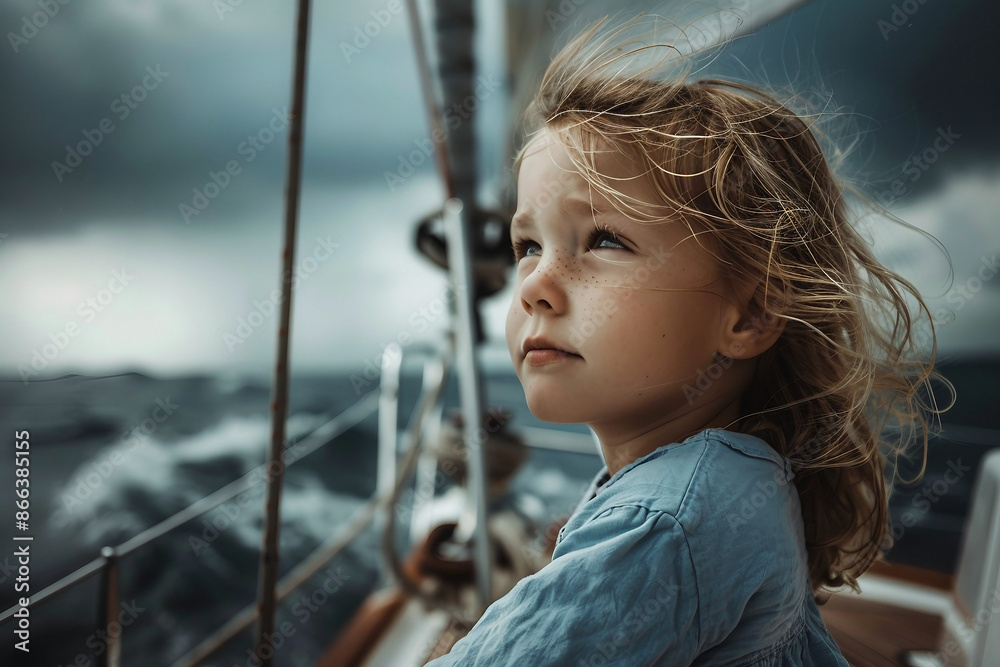 AI generated photo of cute girl swimming on a boat in the middle of a stormy sea AI generated photo of cute girl swimming on a boat in the middle of a stormy sea