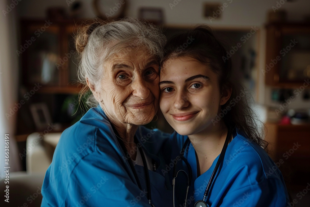 Nurse hospital health services, smiling nurse caring for the aged granny grandpa, Generative AI picture Nurse hospital health services, smiling nurse caring for the aged granny grandpa, Generative AI picture