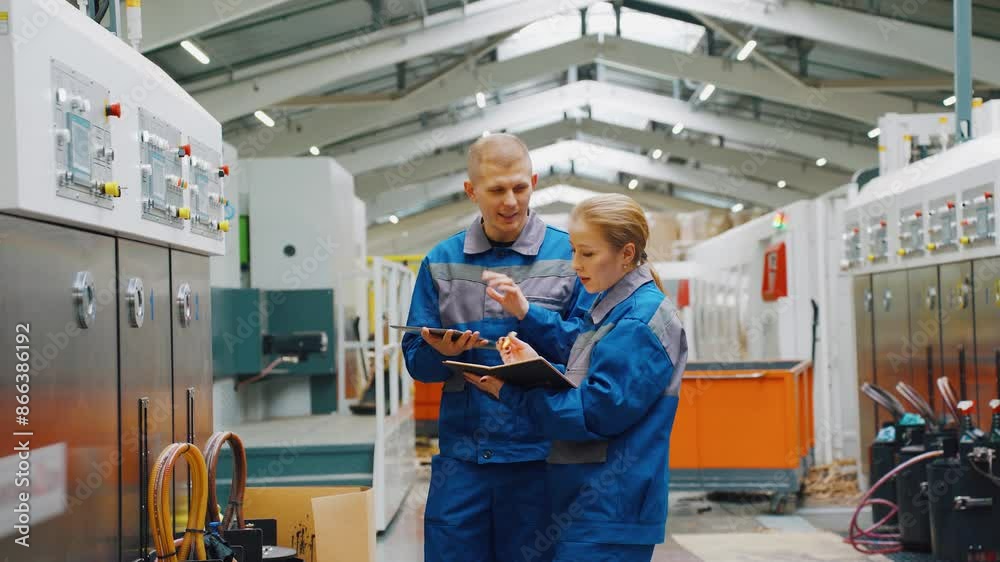 Workers in a modern factory discuss operation of a CNC machine. Engineers, industrial specialist are planning new projects. A factory worker tells a colleague about production line. Teamwork concept. Workers in a modern factory discuss operation of a CNC machine. Engineers, industrial specialist are planning new projects. A factory worker tells a colleague about production line. Teamwork concept.