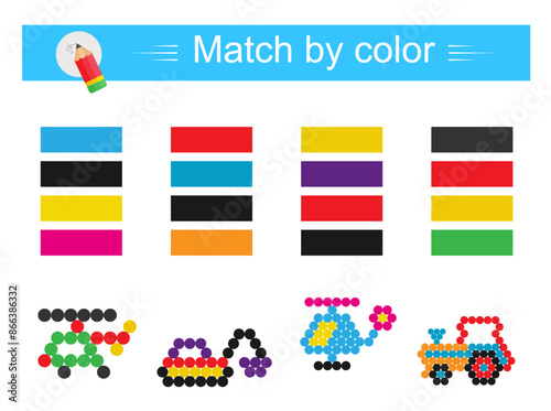 Match by color. Educational game for children. Preschool worksheet activity. Cartoon transport.