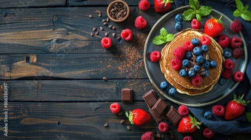 Pancakes with berries and chocolate on a dark wooden background