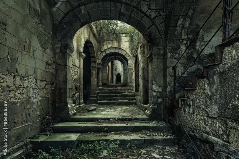 Exploring the eerie and mysterious abandoned hallway with overgrown archways and ancient stone architecture. A grim and spooky adventure in the forgotten historical building