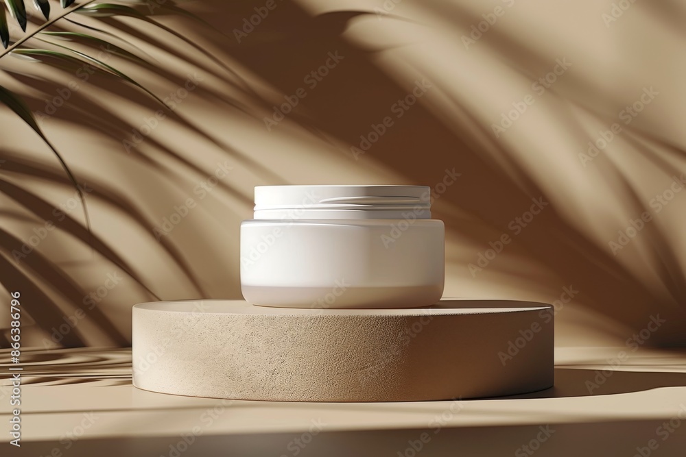 mockup of a white jar of cream standing on a podium with plants and leaf shadows, stage or pedestal on a beige background, beauty and cosmetics concept, skin and face care mockup of a white jar of cream standing on a podium with plants and leaf shadows, stage or pedestal on a beige background, beauty and cosmetics concept, skin and face care