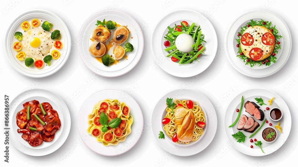 set of various plates of food isolated on white background, top view set of various plates of food isolated on white background, top view
