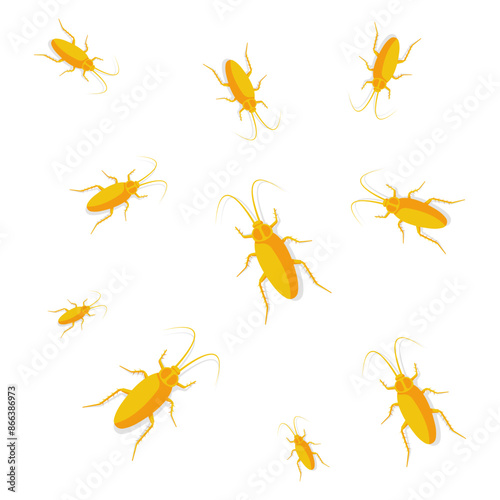 Many cockroaches crawl in the background. Kitchen bug. Insect dirty. Unhygienic concept. Vector illustration flat design.