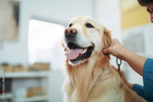 AI generated image of cute dog sitting in a veterinary clinic with vet doctor in a cabinet © Tetiana