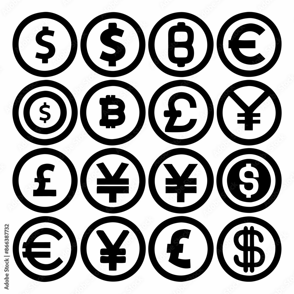Currency symbols in circular shapes on white background Currency symbols in circular shapes on white background