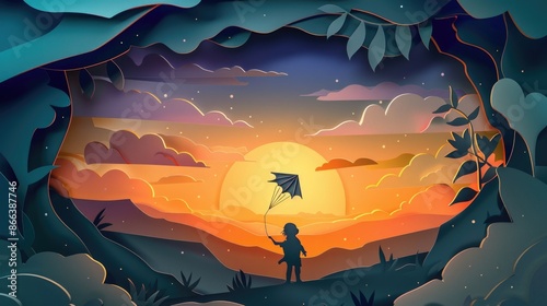  Papercut illustration of a person with kite at sunset