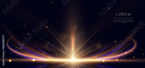 Abstract glowing gold diagonal lighting lines on dark  background with lighting effect and sparkle with copy space for text.