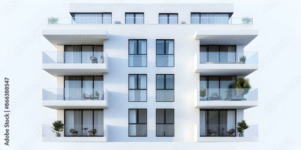 Contemporary Apartment Building Design on White Background in Orthographic View. Concept Architecture Design, Contemporary Apartments, Orthographic View, White Background, Minimalist Aesthetic Contemporary Apartment Building Design on White Background in Orthographic View. Concept Architecture Design, Contemporary Apartments, Orthographic View, White Background, Minimalist Aesthetic