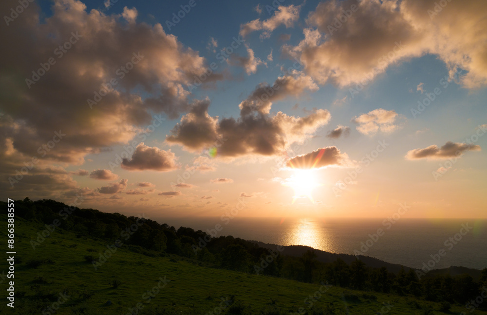 Obraz premium Northern Way of St. James. Sunset on the Northern Way over the Cantabrian Sea from Mount Jaizkibel, Euskadi.