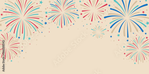 4th of July fireworks illustration celebration background, clipart, vector, frame, border, template for independence day, USA, holiday, exploding festival firework