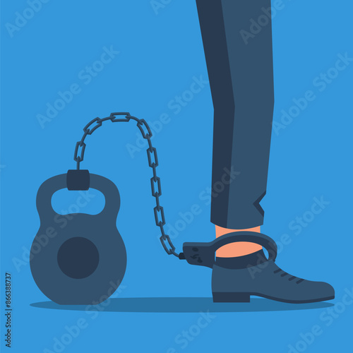 Businessman is chained with leg to large weight. Big load as a symbol of debt, a limitation in development. Corporate slavery concept. Vector illustration flat design. Isolated on white background.